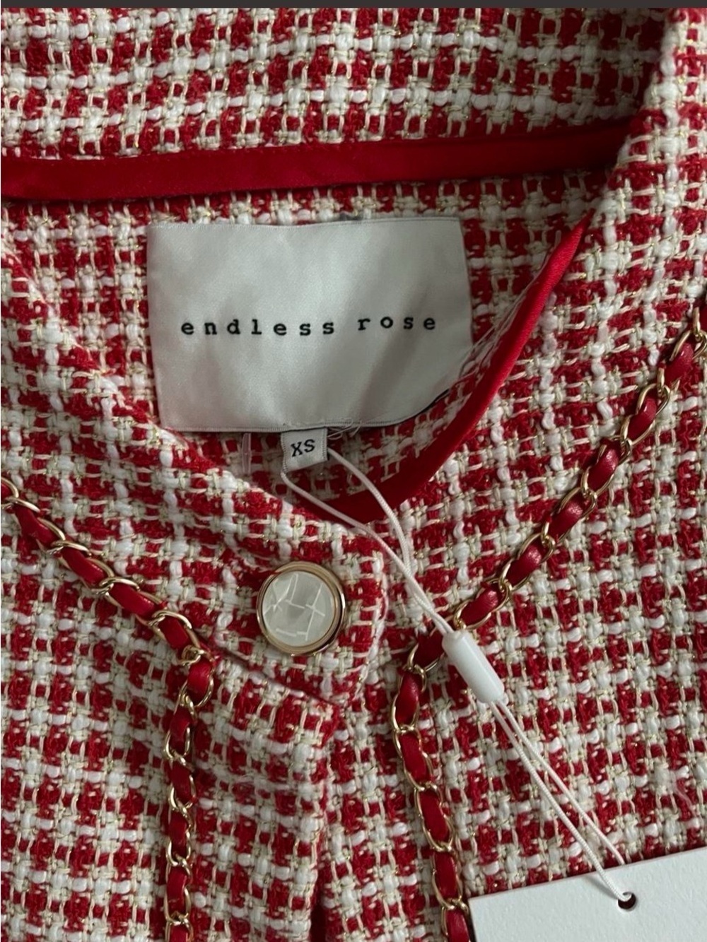 Endless Rose Red and White Houndstooth Blazer with Gold Chain Detail - Picture 3 of 5